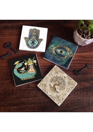 Nazar, Şahmeran, Hayat Ağacı, Fatma Ana Eli Hamsa Taş Bardak Altlığı Seti - 4 Parça - Dekoratif, Rustik Mutfak Aksesuarı, 10x10 Cm, Kaydırmaz Tabanlı, Şık Ve Dayanıklı Sc165