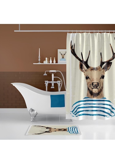 Banyo Paspas Ve Tek Kanat Duş Perdesi 1x180x200 Set Banyo Halısı Deer Karışık