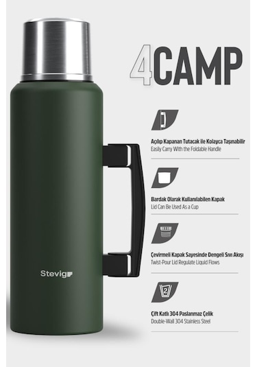 Stevig 4 Camp Klasik Vakumlu Kulplu Çelik Termos 1.5 Lt. Green St-206
