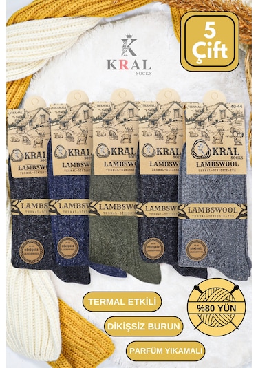 Kral Kışlık Lambswool Erkek Çorap 5 Renkli Set Çok Renkli