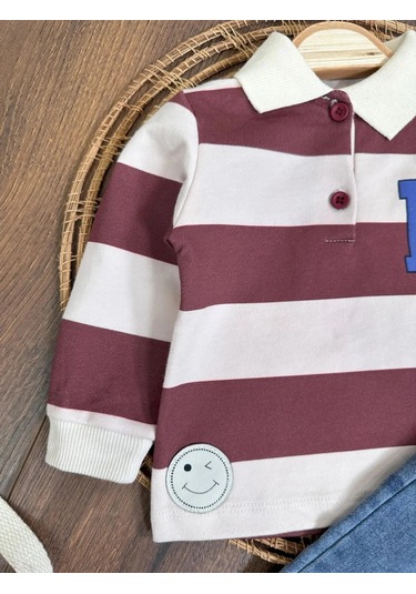 Şerit Çizgili Detaylı Likralı Polo Yaka Erkek Bebek Takım Bordo
