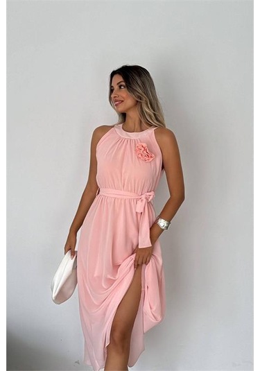 Kadın Astarlı Sıfır Kol Şifon Elbise Dpnbk2144 Pudra