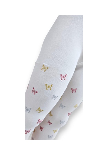 Kelebekli Simli Çocuk Külotlu Çorap - Dore St08584 Krem