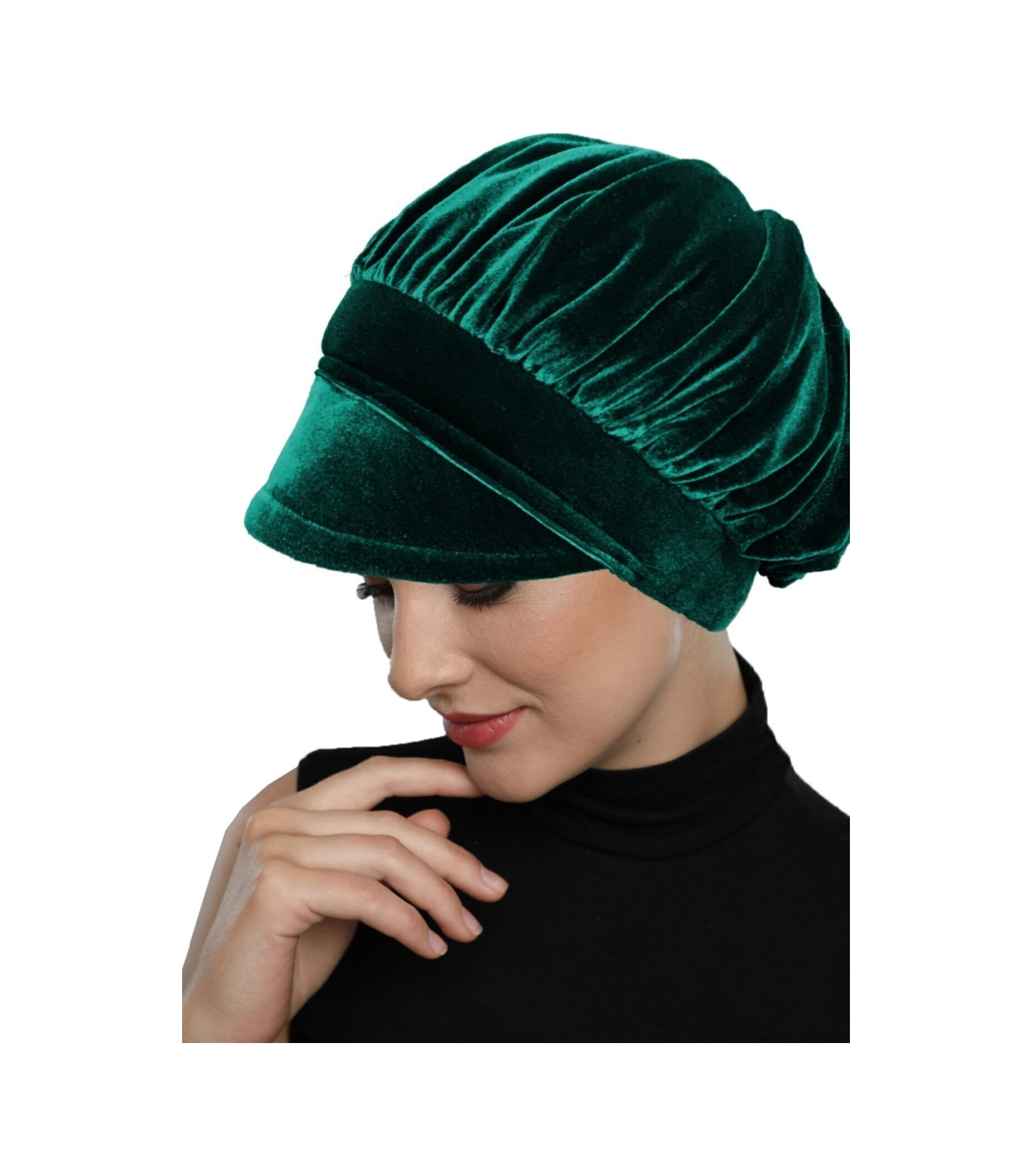 Kadife Şapka Toka Detaylı Yeşil Hazır Türban Tesettür Bone Hürrem