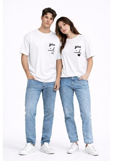 Sevgili Kombini You I Yazılı Çift Tişört Oversize Unisex Partner Kombin Seti Beyaz