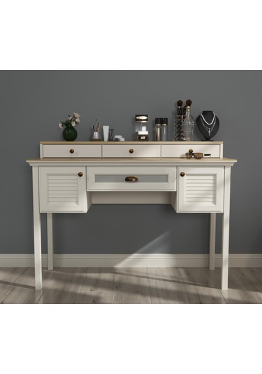 Valena Makyaj Masası 2 Dolap 4 Çekmeceli Panjur Kapaklı Mdf Profil Ayaklı 132 Cm Beyaz