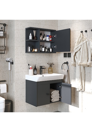 Lavabolu Mat Suntalam 60 Cm Banyo Dolabı, Aynalı Üst Dlp Antrasit
