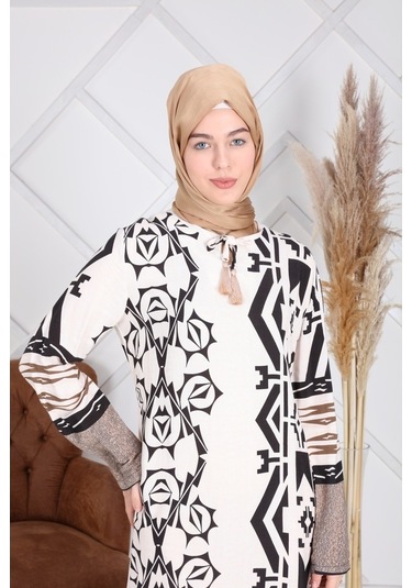 Reis Geometrik Desenli Viskon Tesettür ElbiseBeyaz
