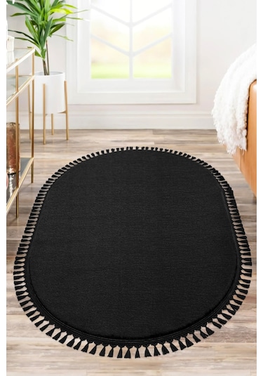 Vl Comfort Puffy Ponpon Saçak Peluş Yıkanabilir Siyah Yolluk Oval Ponpon Saçak