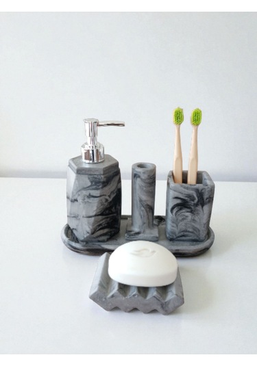 5'li Antrasit Desenli Görünümlü Banyo Seti Tuvalet Wc Sıvı Sabunluk Diş Fırçalığı Beton Antrasit Antrasit