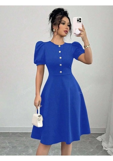 Kadın Kısa Kollu Bisiklet Yaka Önden Düğmeli Ithal Krep Elbise Saks Mavi