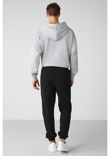 Rowan  Erkek Relaxed Içi Şardonlu Önü Nervürlü Dekoratif Etiketli Siyah Eşofman Altı