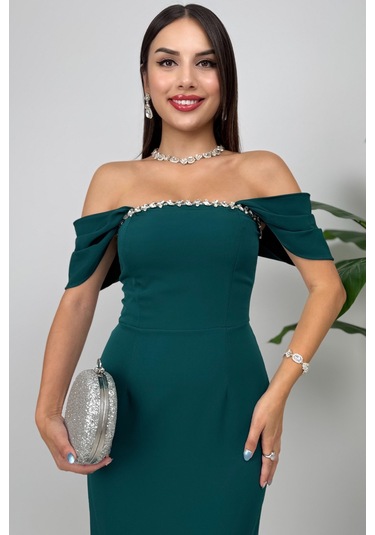 Valentia Madonna Yaka Taş İşlemeli Kalem Zümrüt Yeşili Abiye Elbise, Zarif Davet Elbisesi Zümrüt Yeşili