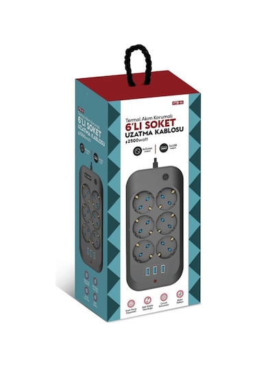 Fulltech Termal Akım ve Çocuk Korumalı 2 mt Uzatma Kablosu 6'lı Priz FTR-11