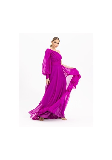 Tek Omuz Şifon Abiye-fuşya Fuşya