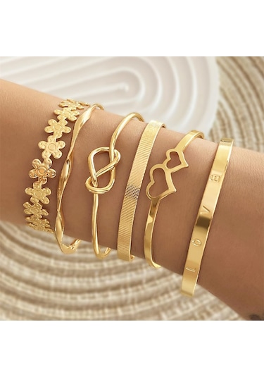 Fosenze Altın Renkli, Ayarı Uçan, Çok Katlı Stackable Bilezik Seti 6 Adet - Kalp, Düğüm, Çiçek Ve "love" Desenleriyle Zengin Tasarım Altın