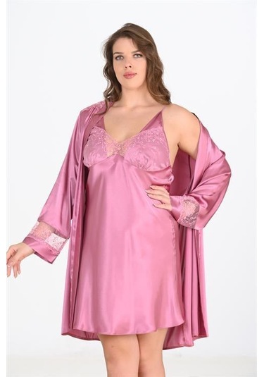 Büyük Beden 2li Gülkurusu Sabahlık Takımı Bigsize 6204 Ekru