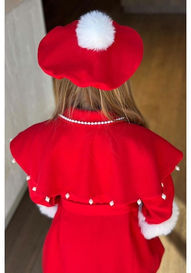 Riccotarz Kız Çocuk Boydan Yakası İnci Taş İşlemeli Şal Detaylı Kemerli Kırmızı Kaşe Kırmızı