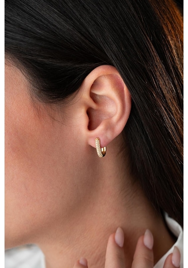 925 Ayar Gümüş Gold Kaplama U Şeklinde Zirkon Taşlı Küpe Gold