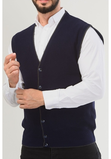 Kamalı Lacivert Erkek V Yaka Triko Düğmeli Cepli Çizgi Desenli Regular Fit Tüylenmeyen Örgü Yelek Lacivert