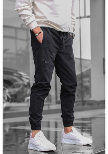 Madmext Siyah Fermuar Detaylı Paraşüt Jogger Pantolon Siyah