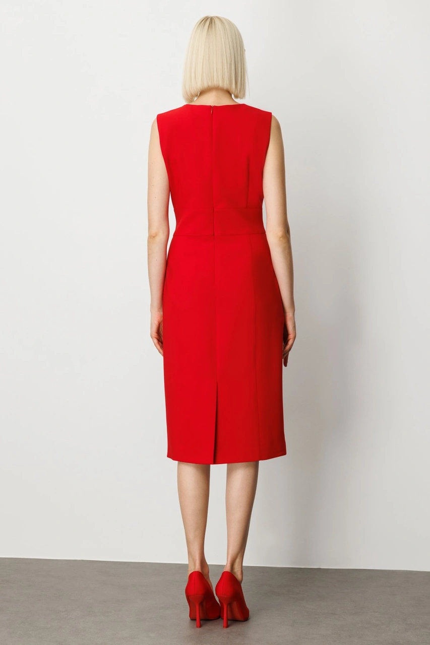 Ekol Kadın Süs Düğme Detaylı Kolsuz Elbise 4015 Kırmızı Kırmızı