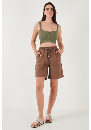Lela Pamuklu Relaxed Fit Yüksek Bel Cepli Mini Bayan Şort 668Yp5384 Kahve