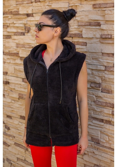 Kadın Siyah Peluş Kalın Fermuarlı Kapüşonlu Yelek 23kylkmy01 001