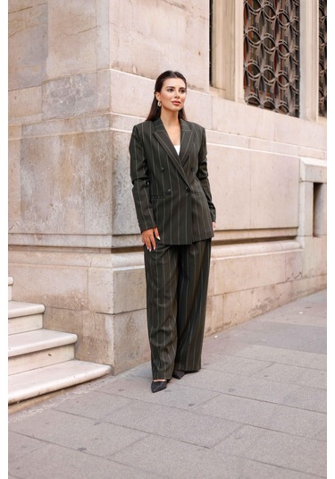 4 Düğmeli Kruvaze Geniş Çizgili Takım Haki Haki