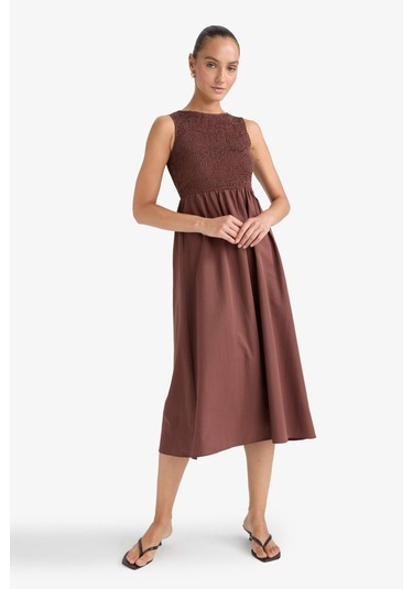 Defacto Bisiklet Yaka Terry Cotton Kolsuz Midi Elbise F5807ax25aubn320 Kahve
