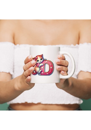 D Harfli Bardak, Sevimli Kedili Pembe Tasarım Bardak, Arkadaşa Aileye Hediye Porselen Beyaz