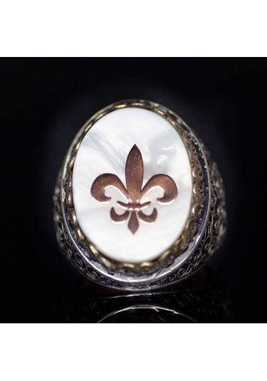 Regal Ve Sembolik Erkek 925 Ayar Gümüş Yüzük - Zambak Sembolü Ve Doğal Taşlarla Süslenmiş Gümüş