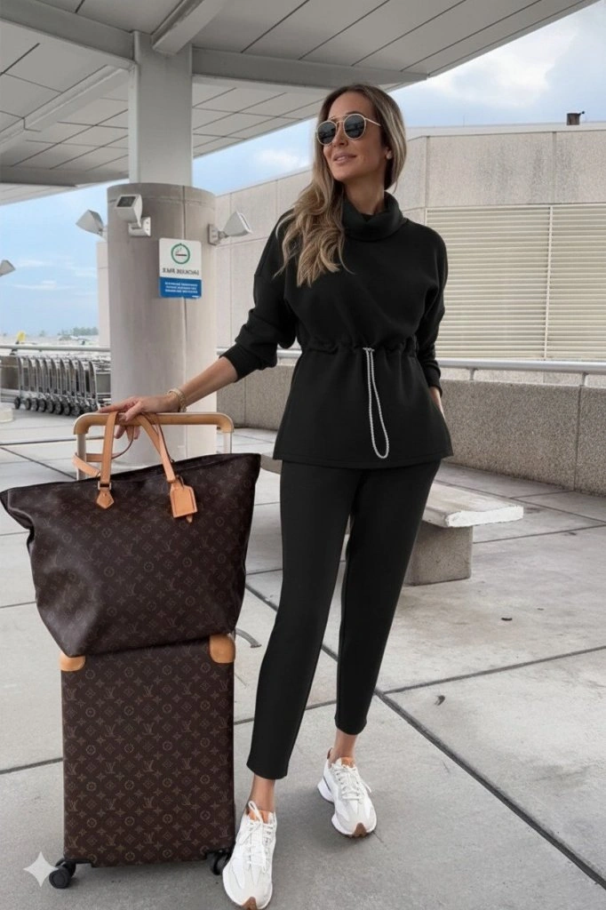 Tua Moda Kadın Uzun Kollu Balıkçı Yaka Belden Lastikli Modal Bluz Ve Pantolon Ikili Takım Siyah