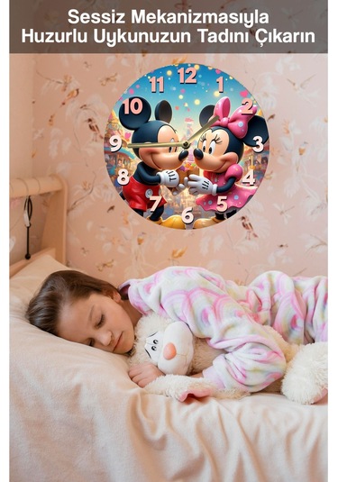 Mickey & Minnie Temalı Renkli Mdf Duvar Saati 3d Görünümlü, Sessiz Mekanizmalı, 2d Hd Baskı Sdw242 Renkli