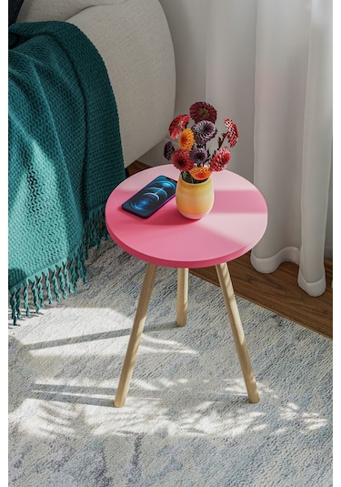 İntergo Yuvarlak Ahşap Ayaklı Tekli Zigon Yan Sehpa Pembe