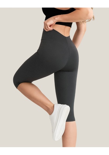 Diz Altı Kapri Tayt Yüksek Bel Likralı Parlak Dalgıç Kumaş, Antrasit Füme Antrasit