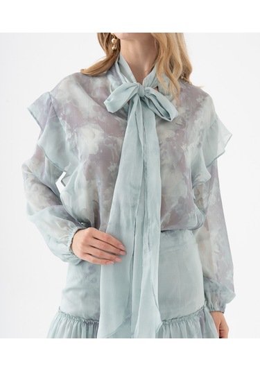 Fırfır Detaylı Transparan Çiçek Desenli Bağlama Yakalı Takım Yeşil