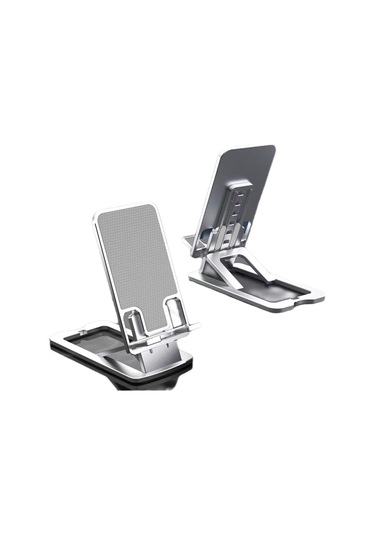 Vkemall Masaüstü Metal Telefon Desteği - Çift Katlı Çevirilebilir Açı - 13 İnç Tablet Uyumlu - Kaymazsız Tabanlı - Gümüş Renk