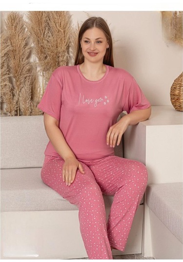 Charme Kadın Büyük Beden Bisiklet Yaka Milan Likralı Kısa Kol Pijama Takımı K601/246 - 1 Adet Pembe