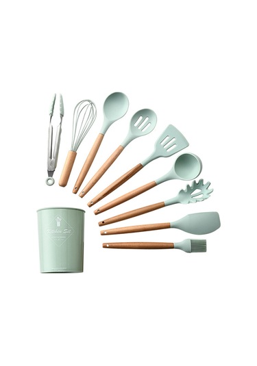 9 Parça Mutfak Aletleri Seti Silikon Mutfak Gereçleri Seti Ahşap Saplı Pişirme Seti Şef Yapışmaz Pişirme Eşyaları Mutfak Aletleri Yeşil