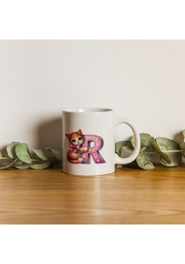 R Harfli Bardak, Sevimli Kedili Pembe Tasarım Bardak, Arkadaşa Aileye Hediye Porselen Beyaz