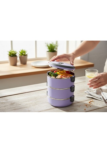 3 Katlı Vakumlu Yemek Termosu 3lü Sefer Tası Freshbox Serisi Mor Renk Mor