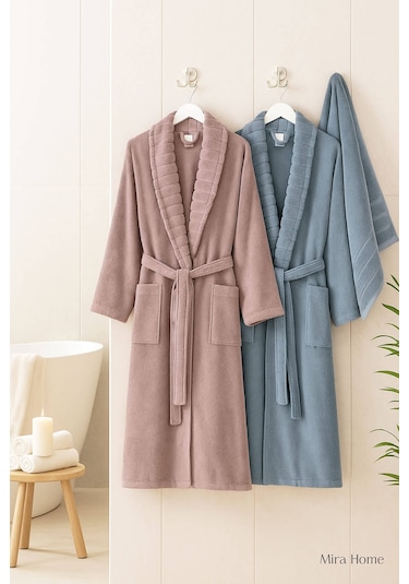 4 Parça Soft Elegance Banyo Aile Bornoz Seti %100 Pamuklu Mavi