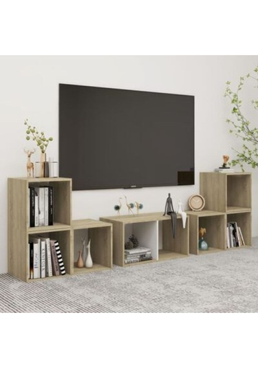 Tdesıgno Avcı Kitaplıklı Televizyon Sehpası - Ünitesi -kitaplık-beyaz 180 Cm 8 Raflı Meşe - Beyaz