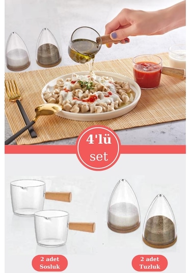 Flosoft Ahşap Detaylı 4'lü Tuzluk ve Sosluk Seti