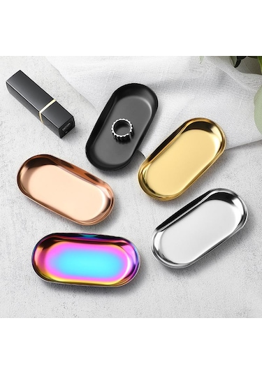 Paslanmaz Çelik Manikür Takı Saklama Tepsisi Metal Kozmetik Saklama Oval Pasta Meyve Tatlı Tepsisi Atıştırmalık Tabağı Mutfak Düzenleyici Rose Gold