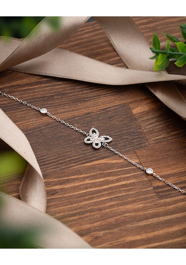 925 Ayar Rodyum Kelebek Figürlü Minimal Gümüş Bileklik Gümüş - Rodyum