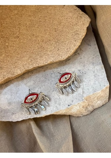 Gümüş Renkli Taşlı Kırmızı Gözlü Küpe