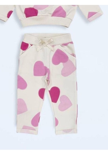 Kız Çocuk Pamuklu Kalp Desenli Eşofman Takım-15498 Çok Renkli