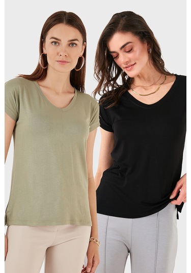 Lela V Yaka Relaxed Fit Yırtmaç Detaylı 2'Li Paket Bayan Bluz 5862000S2 Siyah-Olive